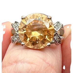 Sterling silver 925 round Citrine CZ flanked by small czs  size 7